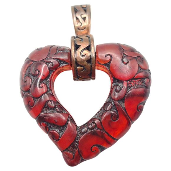 Vintage Amber Red Lucite Heart Pendant Fire Filagree 2" Copper Bail - Picture 1 of 6